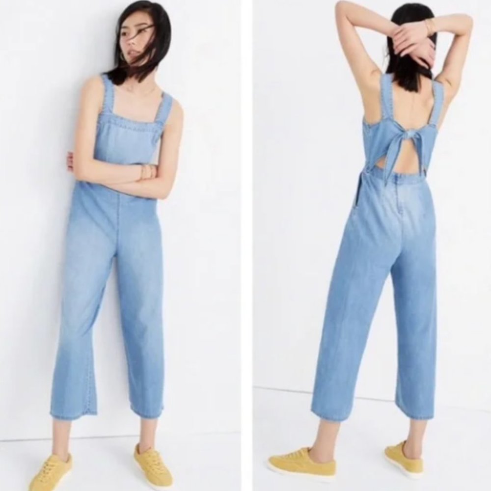 Madewell Denim Apron Bow Back Jumpsuit Overalls Size 6 Cropped Wide Leg Blue